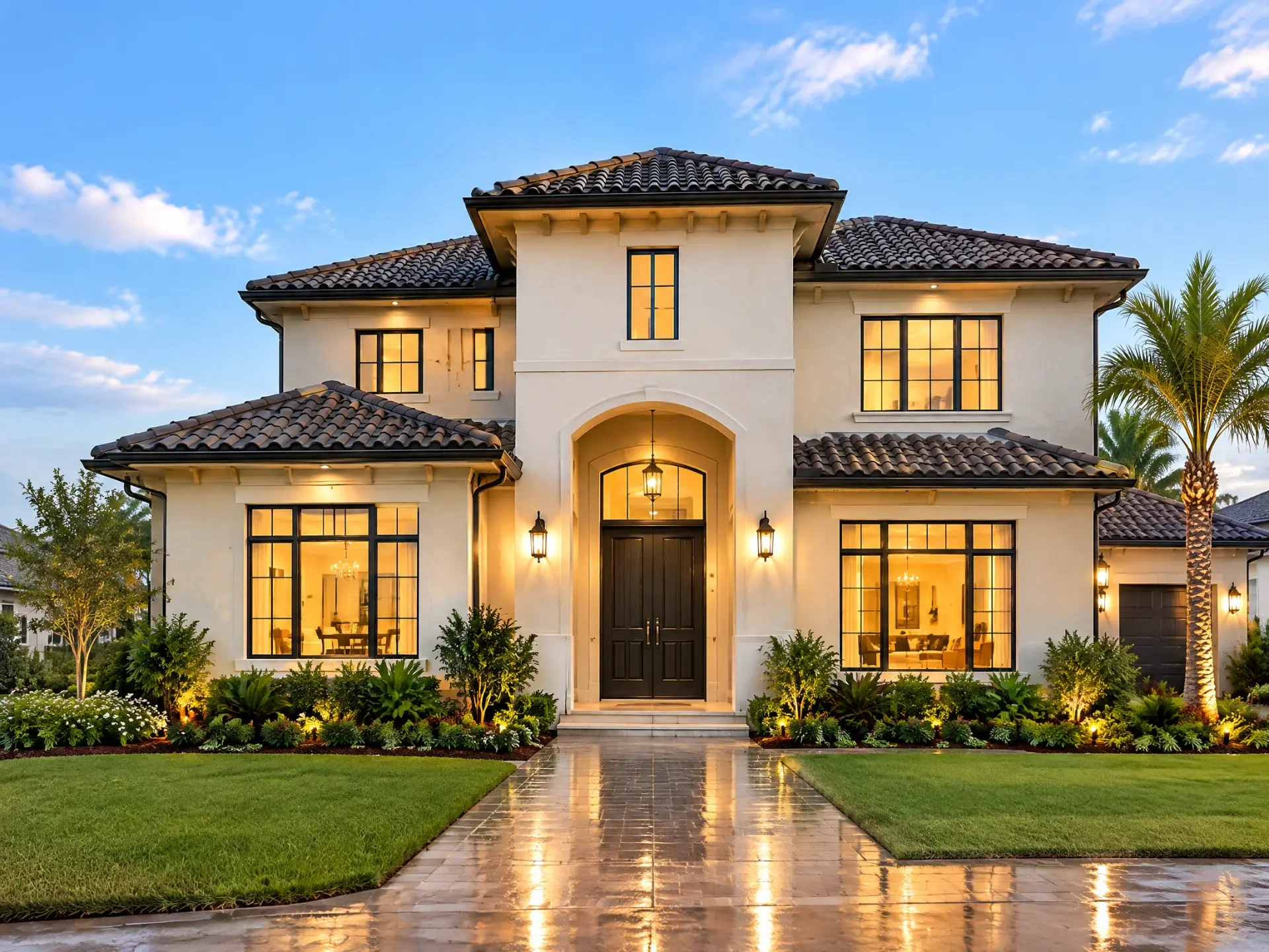 Two-story Florida home with palms and warm interior light