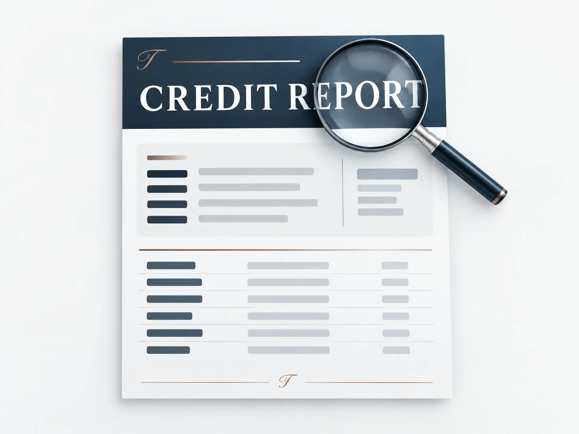 Illustrated redacted credit report with a magnifying glass