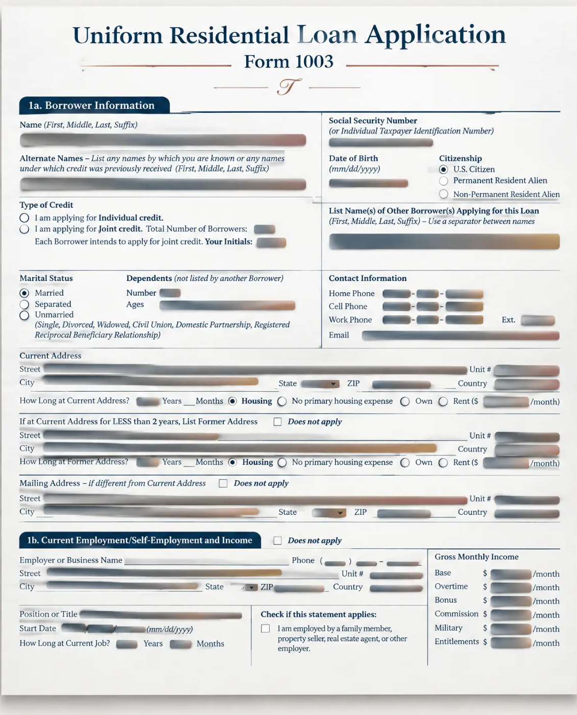 Illustrated redacted Uniform Residential Loan Application, Form 1003