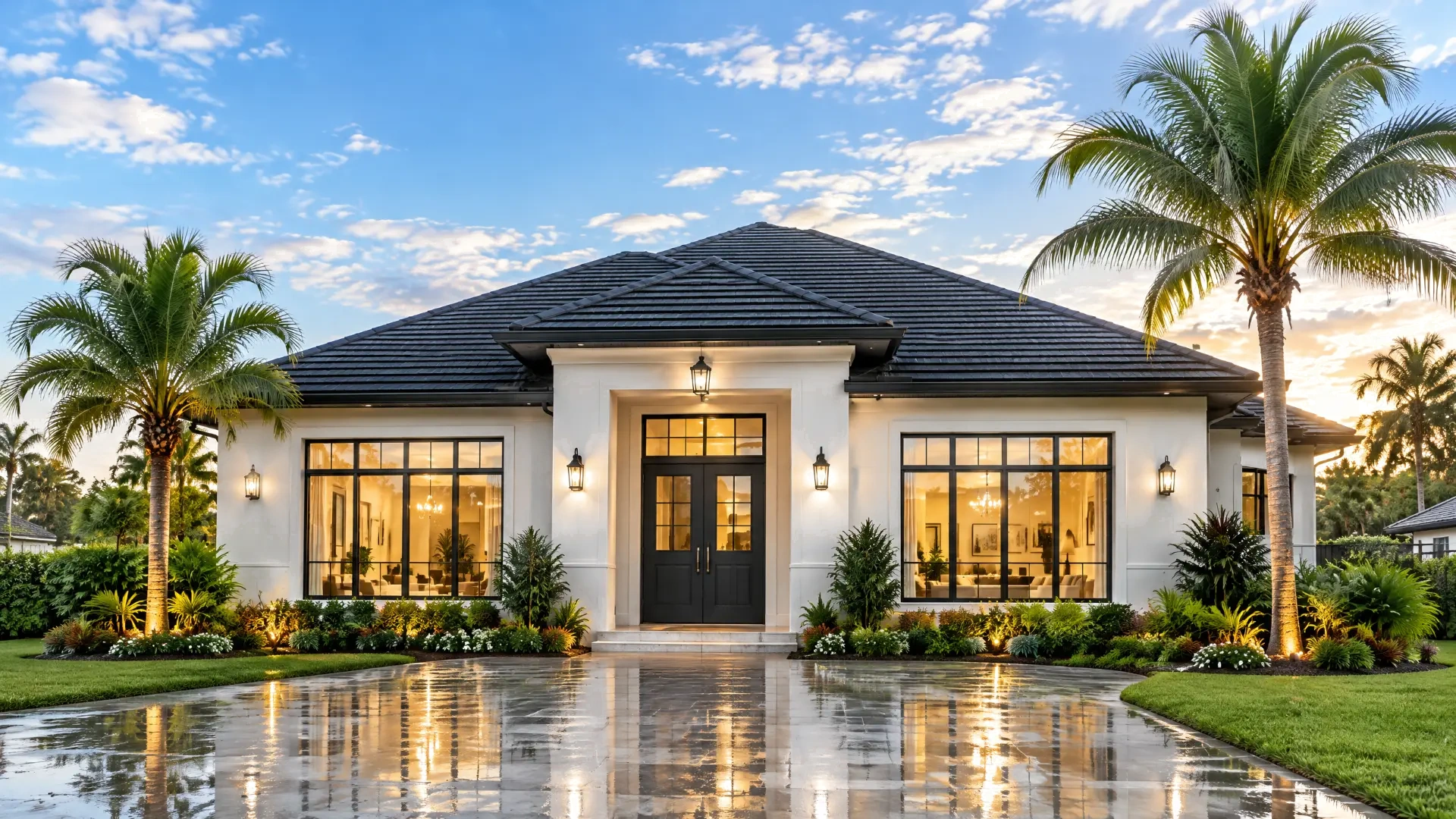 Modern Florida home with palm trees and a centered black front door