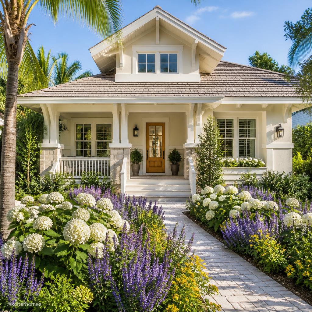 Craftsman home with a lavender flower garden